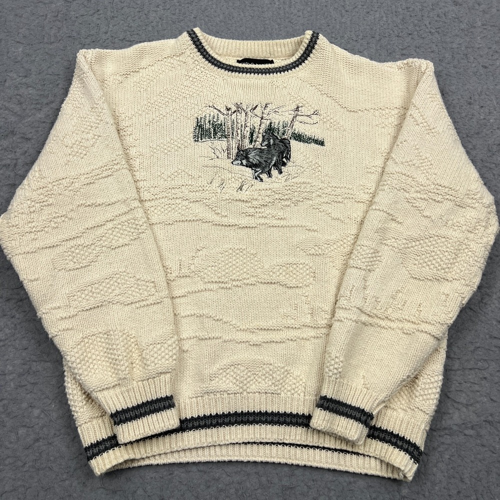 Croft & Barrow Wolf Sweater Men's Large‎ Cream 3D Knit Wolves Crewneck USA Made